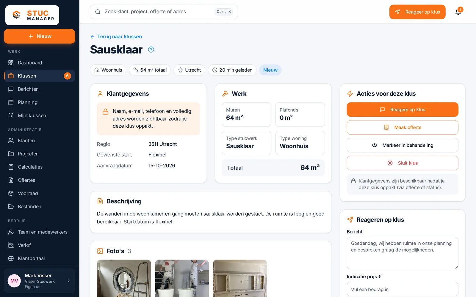 Detail van een stucwerkklus met oppervlakte en foto's