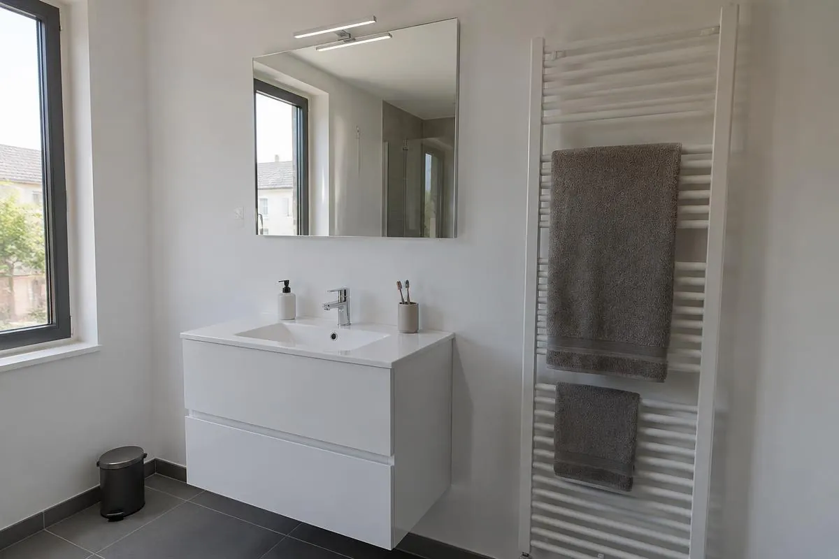 Droge zone van een badkamer met sausklaar witte wanden