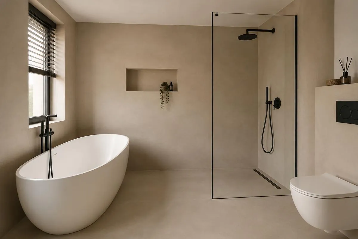 Complete badkamer met vloer en wanden in microcement