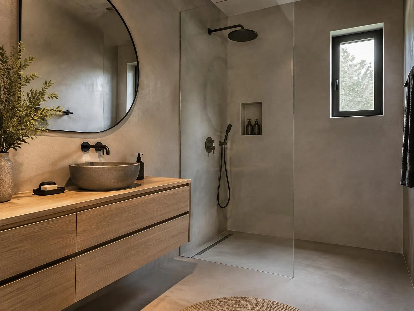 Moderne badkamer in warmgrijs microcement met inloopdouche