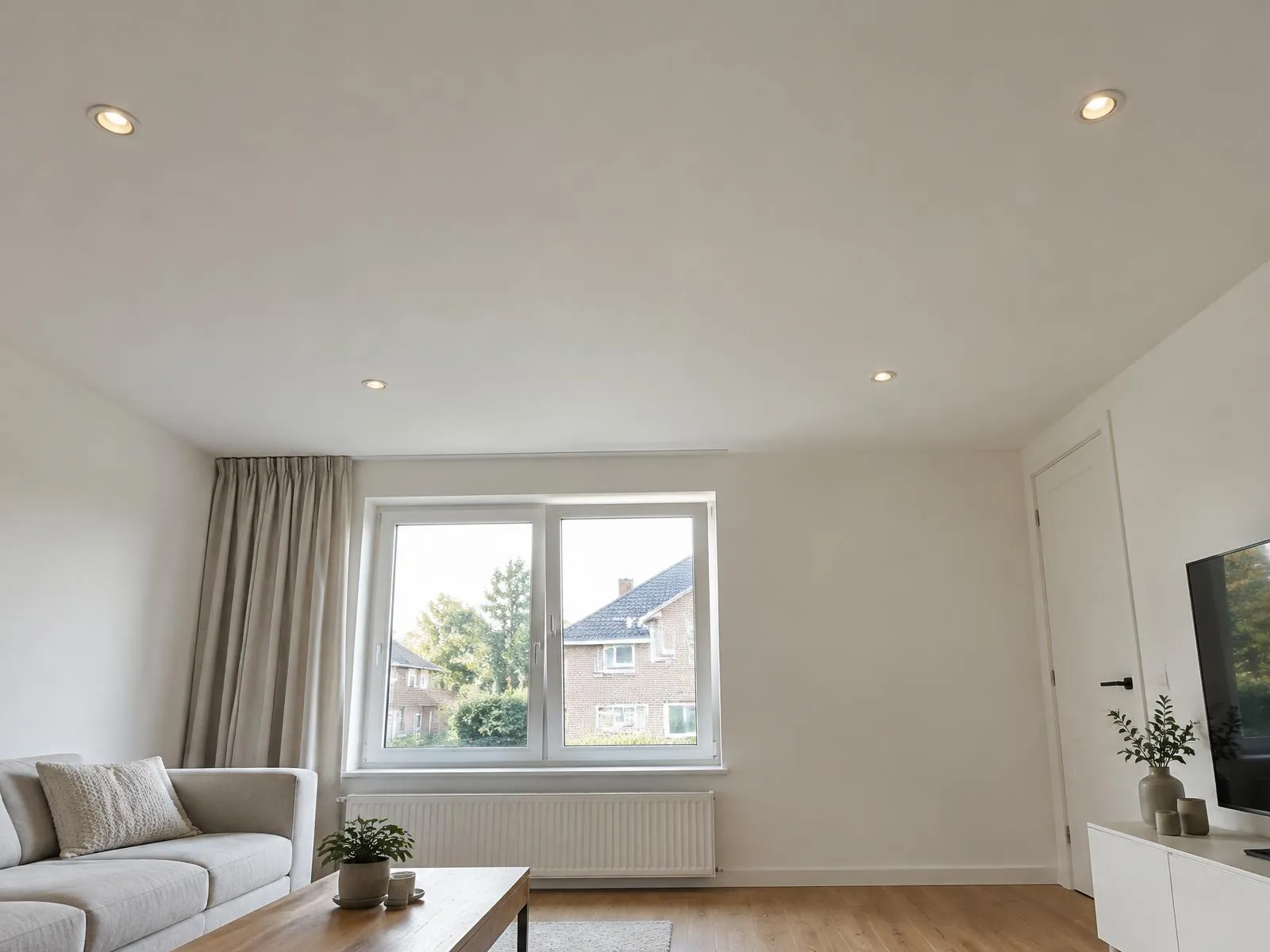 Strak wit gestuct woonkamerplafond met inbouwspots