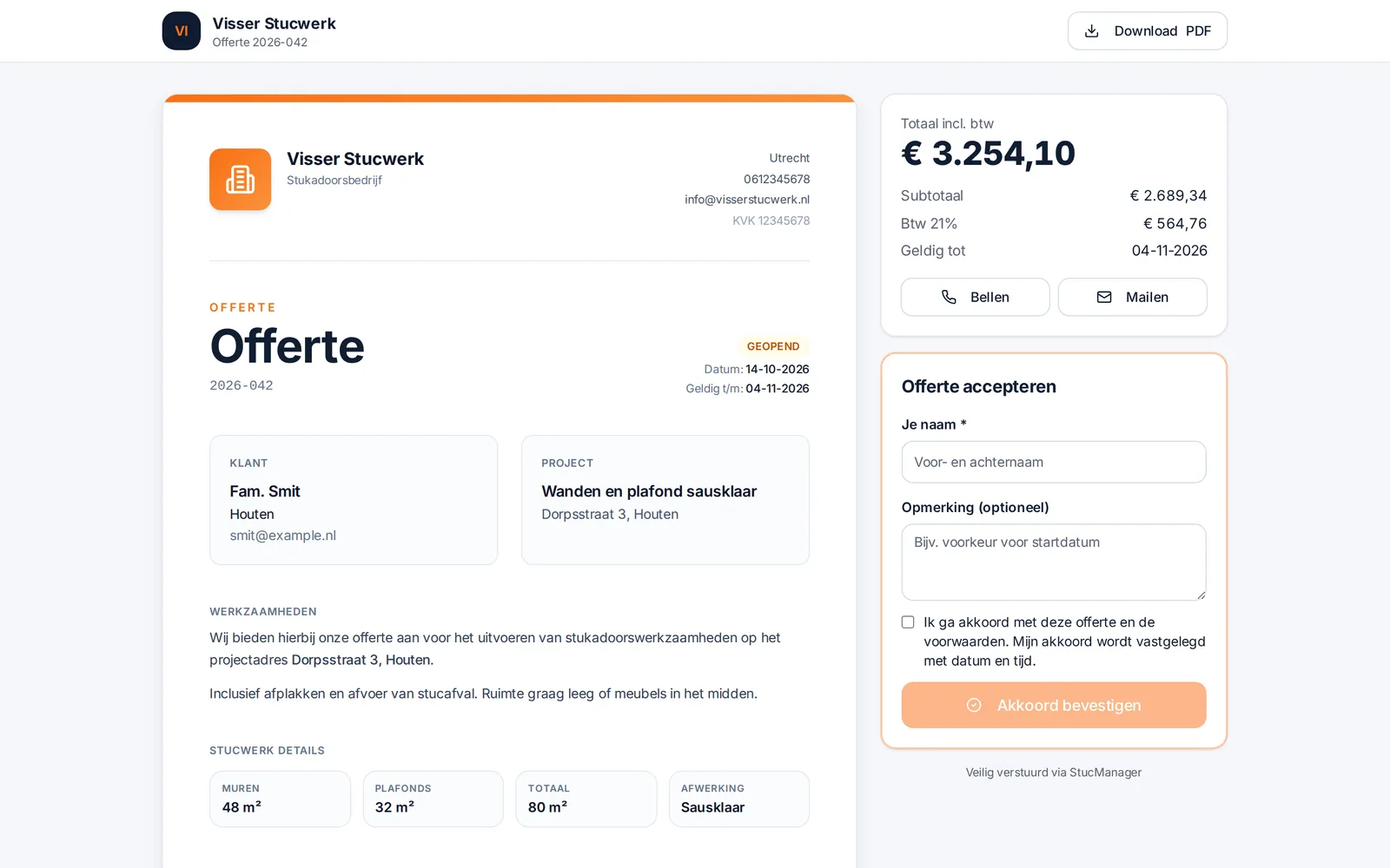 Offerte zoals de klant hem online ziet, met knop om akkoord te geven