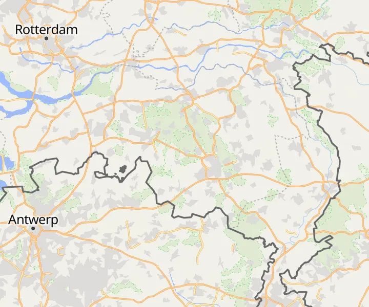 Kaart van het werkgebied van SBV Stucadoorsbedrijf: Eindhoven en ongeveer 55 km daaromheen in Noord-Brabant
